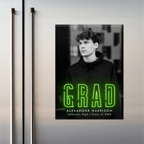 Modern Lime Green Neon Vertical Photo Graduation Magnetic Invitation