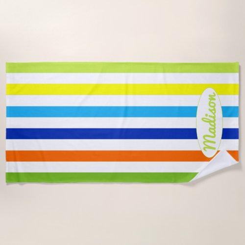 Modern Lime Green Orange Blue Yellow Stripes Beach Towel