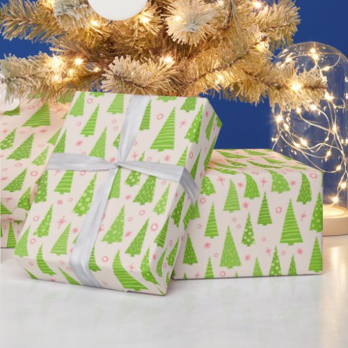 Modern Lime Green  Pink Christmas Trees Seasonal Wrapping Paper