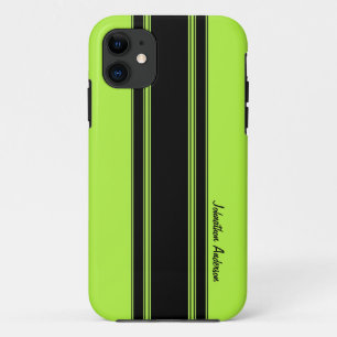 Modern Lime Green Racing Stripes With Name iPhone 11 Case