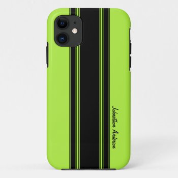 Modern Lime Green Racing Stripes With Name Iphone 11 Case by PhotographyTKDesigns at Zazzle