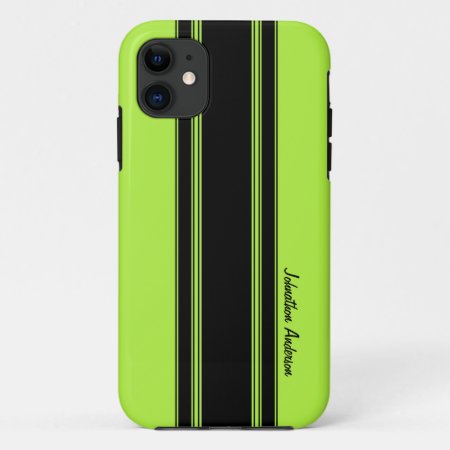 Modern Lime Green Racing Stripes With Name Iphone 11 Case
