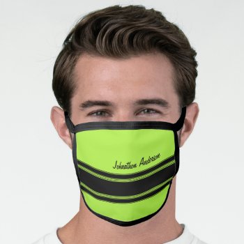 Modern Lime Green Racing Stripes With Name Face Mask by PhotographyTKDesigns at Zazzle