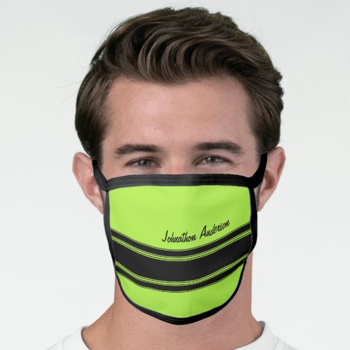 Modern Lime Green Racing Stripes With Name Face Mask