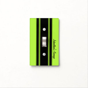 Modern Lime Green Racing Stripes With Name Light Switch Cover