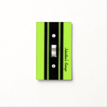 Modern Lime Green Racing Stripes With Name Light Switch Cover by PhotographyTKDesigns at Zazzle