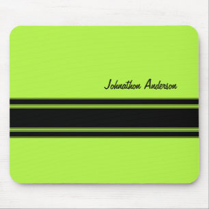 Modern Lime Green Racing Stripes With Name Mouse Pad