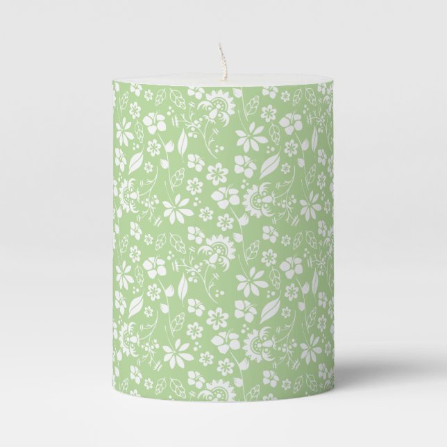 Modern Lime Green Spring Flower Pattern Pillar Candle (Front)