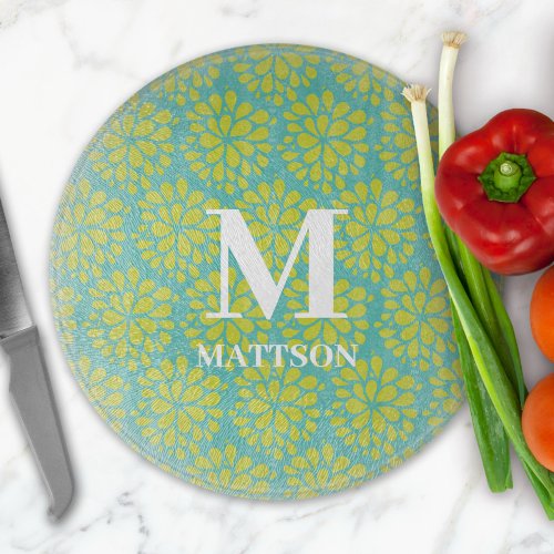 Modern Lime Green Teal Abstract Floral Monogram Cutting Board