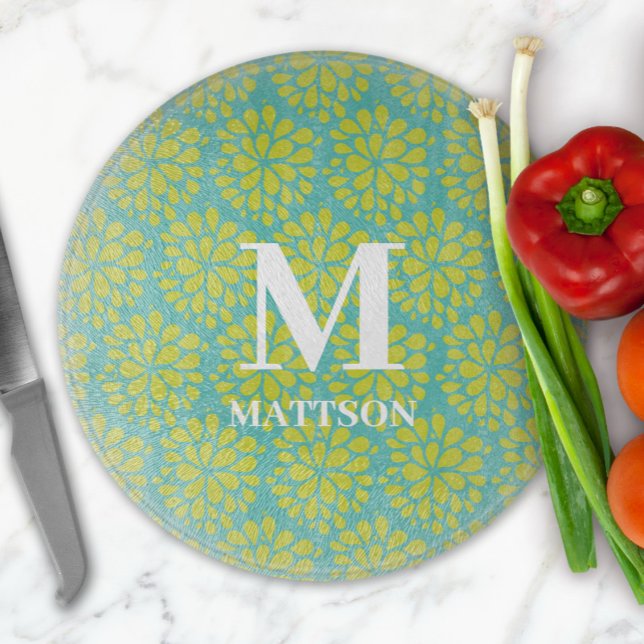 Modern Lime Green Teal Abstract Floral Monogram Cutting Board (Creator Uploaded)