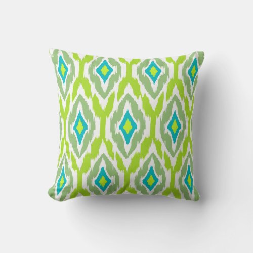 Modern lime green teal Ikat Tribal Pattern 1a Throw Pillow