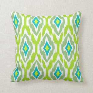 Modern lime green teal Ikat Tribal Pattern 1a Throw Pillow