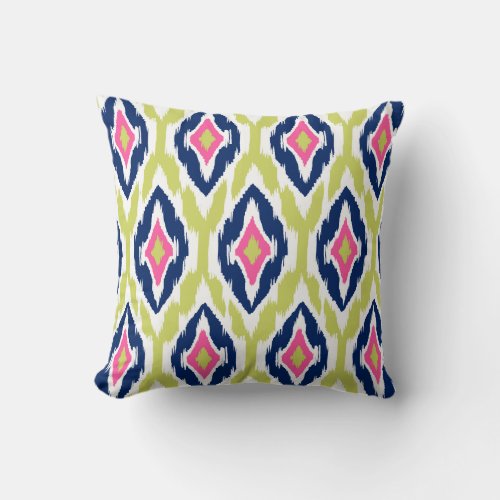 Modern lime pink navy Ikat Tribal Pattern 1a Throw Pillow