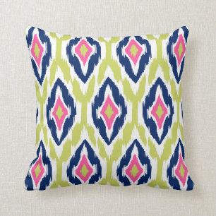 Modern lime pink navy Ikat Tribal Pattern 1a Throw Pillow