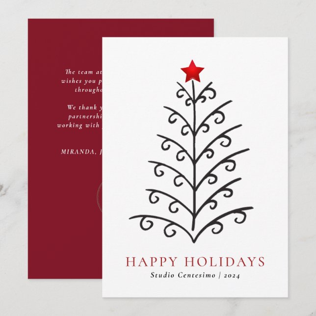 Modern Line Art Christmas Tree Business Corporate Holiday Card (Front/Back)