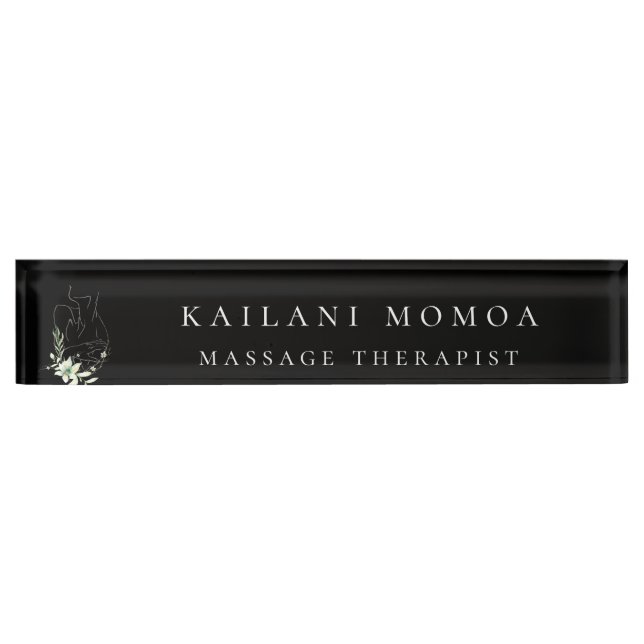 Modern Line Art Feminine Floral Black Desk Name Plate (Front)