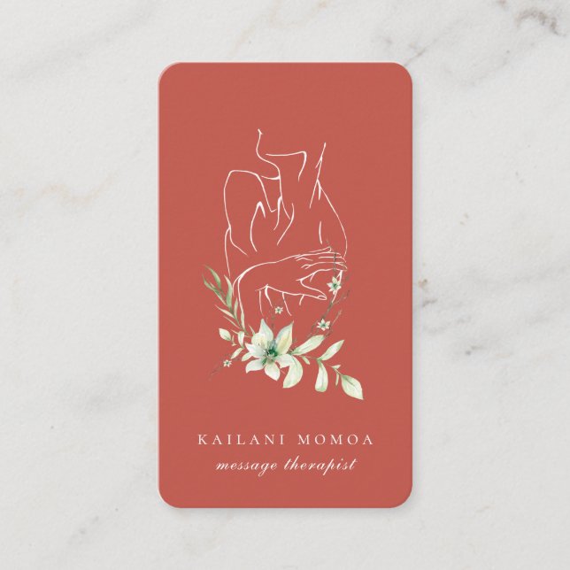 Modern Line Art Feminine Floral Orange Business Card (Front)