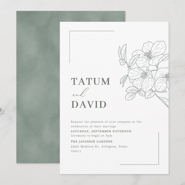 Modern Line Art Floral Green Wedding Invite (Front/Back)
