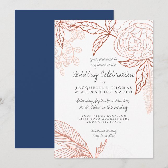Modern Line Art Floral Peony Navy Orange Leaf Invitation (Front/Back)