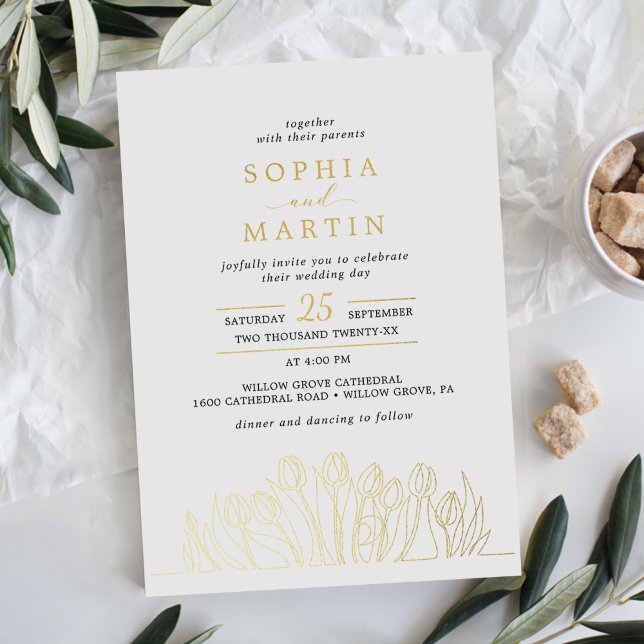 Modern Line Art Floral Wedding Gold Foil Invitation (Creator Uploaded)