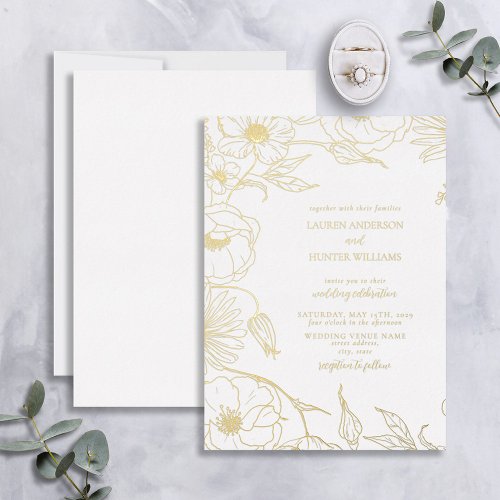 Modern Line Art Floral Wedding Gold Foil Invitation