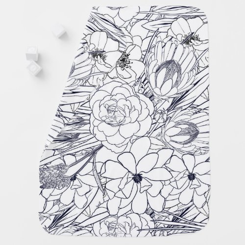 Modern Line Art Hand Drawn Floral Girly Design Baby Blanket