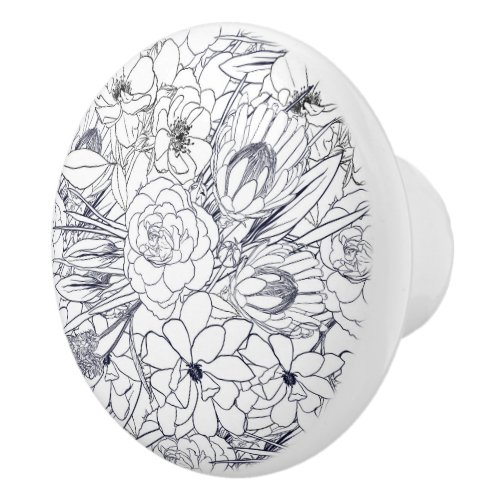 Modern Line Art Hand Drawn Floral Girly Design Ceramic Knob