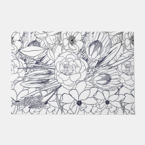 Modern Line Art Hand Drawn Floral Girly Design Doormat
