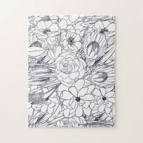 Modern Line Art Hand Drawn Floral Girly Design Jigsaw Puzzle