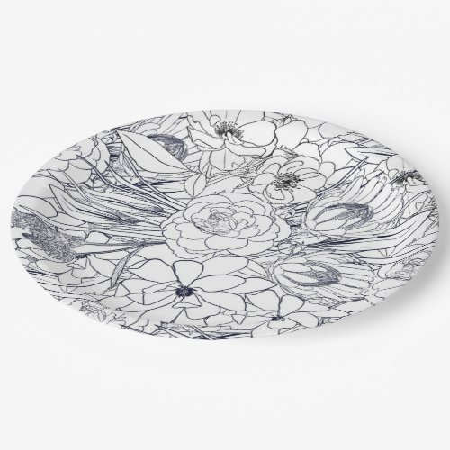 Modern Line Art Hand Drawn Floral Girly Design Paper Plates