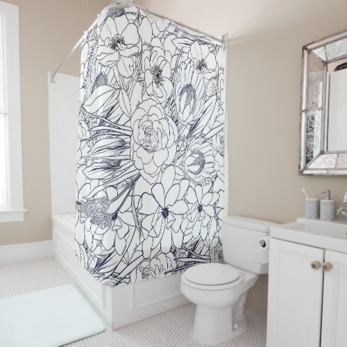 Modern Line Art Hand Drawn Floral Girly Design Shower Curtain
