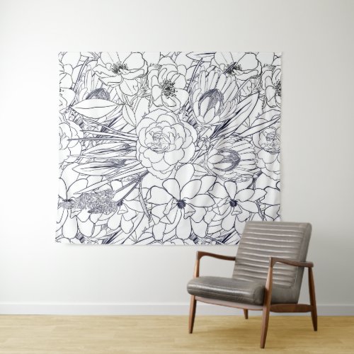 Modern Line Art Hand Drawn Floral Girly Design Tapestry