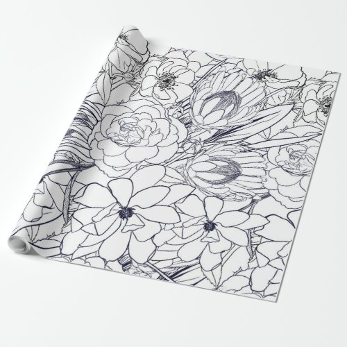 Modern Line Art Hand Drawn Floral Girly Design Wrapping Paper
