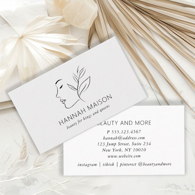 Modern, Line Art, Woman, Leafy, Salon, Grey Business Card (Creator Uploaded)
