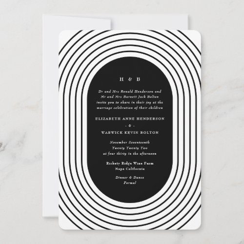 Modern Line Black White Monogram Wedding Oval Arch Invitation