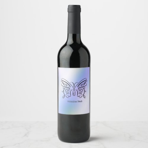 Modern Line Drawing Butterfly Blue Holographic Wine Label