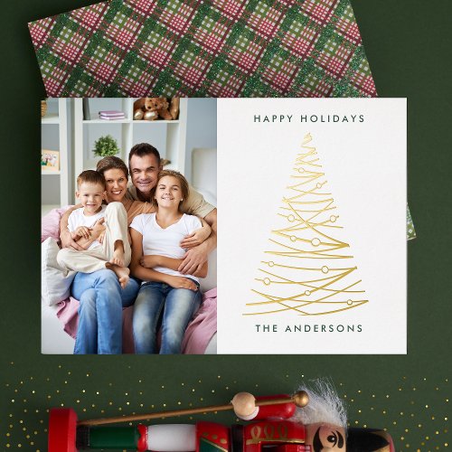 Modern Line Gold Christmas Tree  Photo Happy Foil Holiday Card