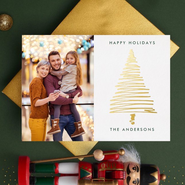 Modern Line Gold Christmas Tree | Photo Happy Foil Holiday Card (Creator Uploaded)