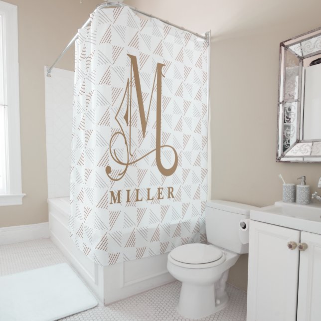 Modern Line & Grid Pattern Monogram M Tan Shower Curtain (In Situ)
