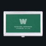 MODERN LINE MONOGRAM  BUSINESS LOGO  BUSINESS CARD CASE<br><div class="desc">Elevate your everyday professional style with this sleek blue business card holder, customized with your monogram in the eye-catching Monoton font and name in clean white lettering. Its simple, modern design gives it a polished, high-end feel without trying too hard. The deep green color paired with the subtle white details...</div>