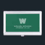 MODERN LINE MONOGRAM  BUSINESS LOGO  BUSINESS CARD CASE<br><div class="desc">Elevate your everyday professional style with this sleek blue business card holder, customized with your monogram in the eye-catching Monoton font and name in clean white lettering. Its simple, modern design gives it a polished, high-end feel without trying too hard. The deep green color paired with the subtle white details...</div>