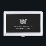 MODERN LINE MONOGRAM  BUSINESS LOGO  BUSINESS CARD CASE<br><div class="desc">Elevate your everyday professional style with this sleek blue business card holder, customized with your monogram in the eye-catching Monoton font and name in clean white lettering. Its simple, modern design gives it a polished, high-end feel without trying too hard. The deep black color paired with the subtle white details...</div>