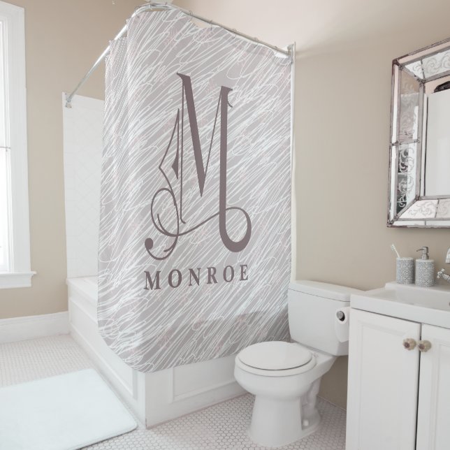 Modern Line Pattern Background  Large Monogram M Shower Curtain (In Situ)