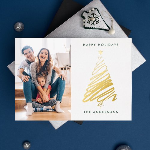 Modern Line Real Gold Christmas Tree  Photo Happy Foil Holiday Card
