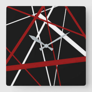 Modern Line Urban Geometry Black White Red Square Wall Clock