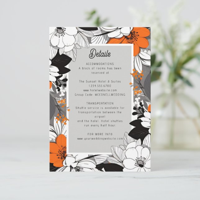 modern lineart floral wedding details RSVP card (Standing Front)