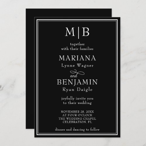 Modern Lined Border Minimalist Black Wedding Invitation