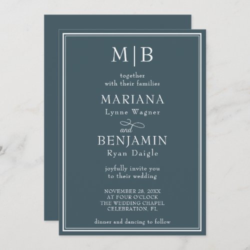 Modern Lined Border Minimalist Boho Blue Wedding Invitation