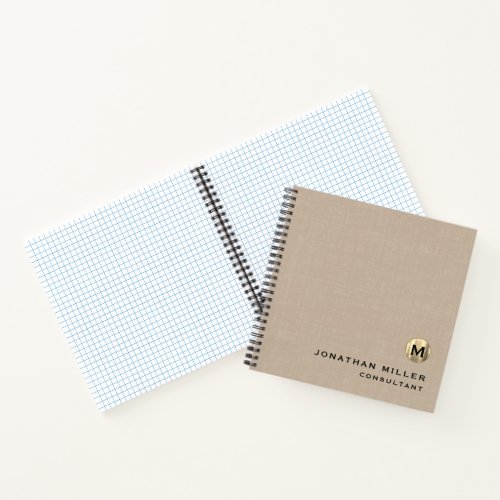 Modern Linen Gold Monogram Graph Paper Notebook