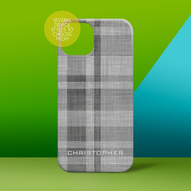 Modern Linen Plaid Pattern Personalized Name Case-Mate iPhone Case (Personalized Phone Case - subtle name)